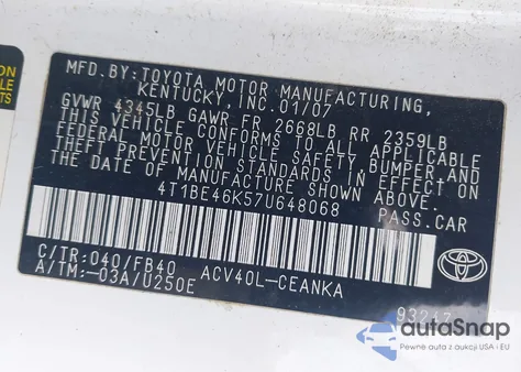 2007 Toyota Camry Le z USA, uszkodzony, nr VIN 4T1BE46K57U648068